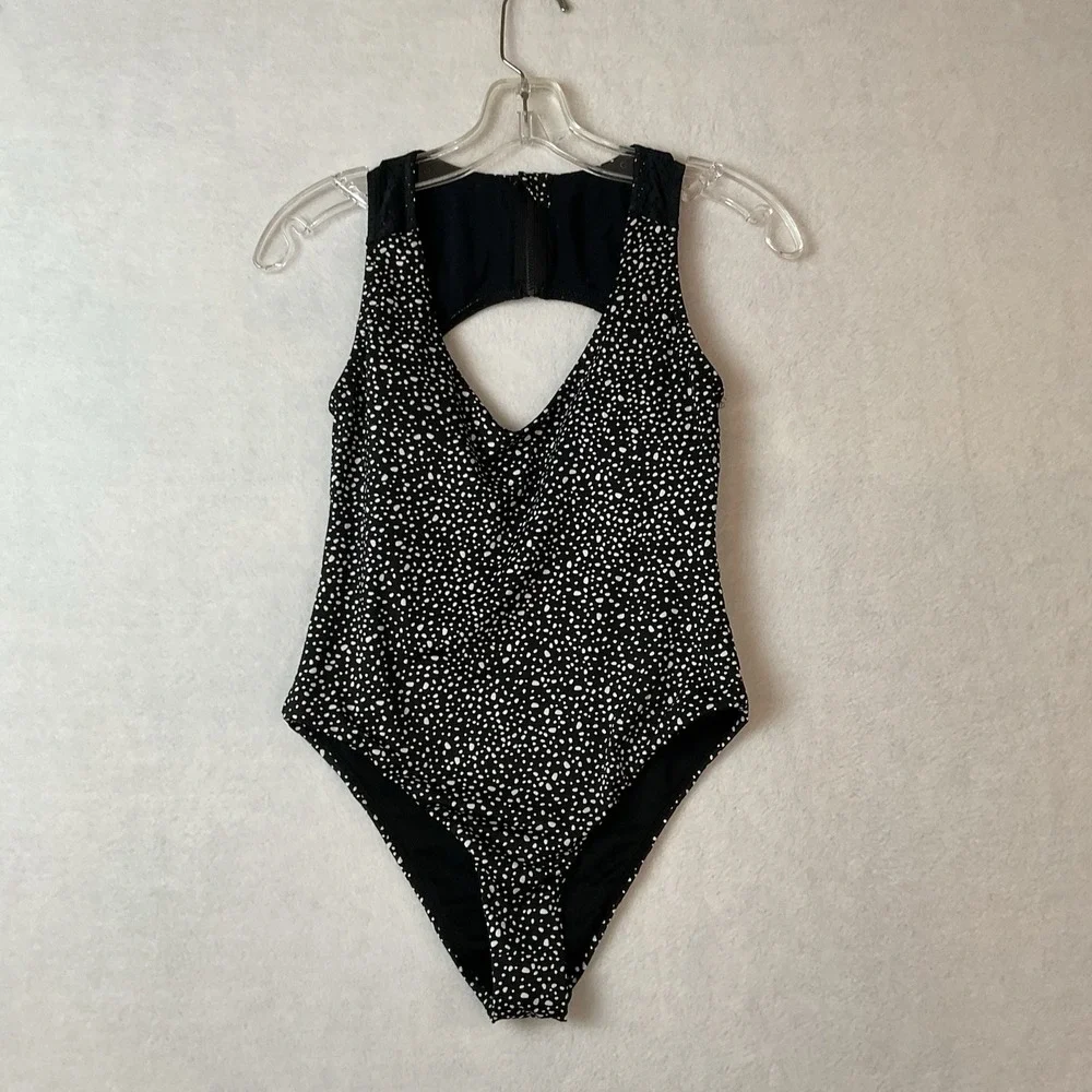 Nike Swimsuit Womens S‎ Black White Water Dots Open Back One Piece